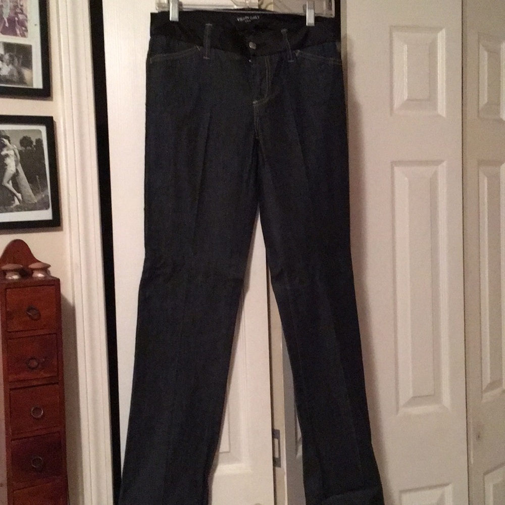 Dark wash, straight leg jeans, satin waist